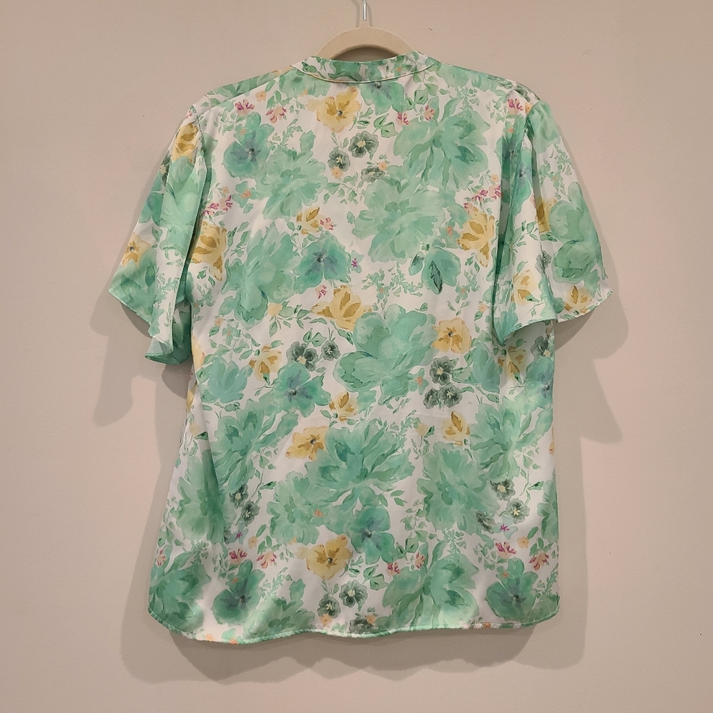 Zara Green Floral Silky Button Front Ruffle Blouse - Picture 5 of 8